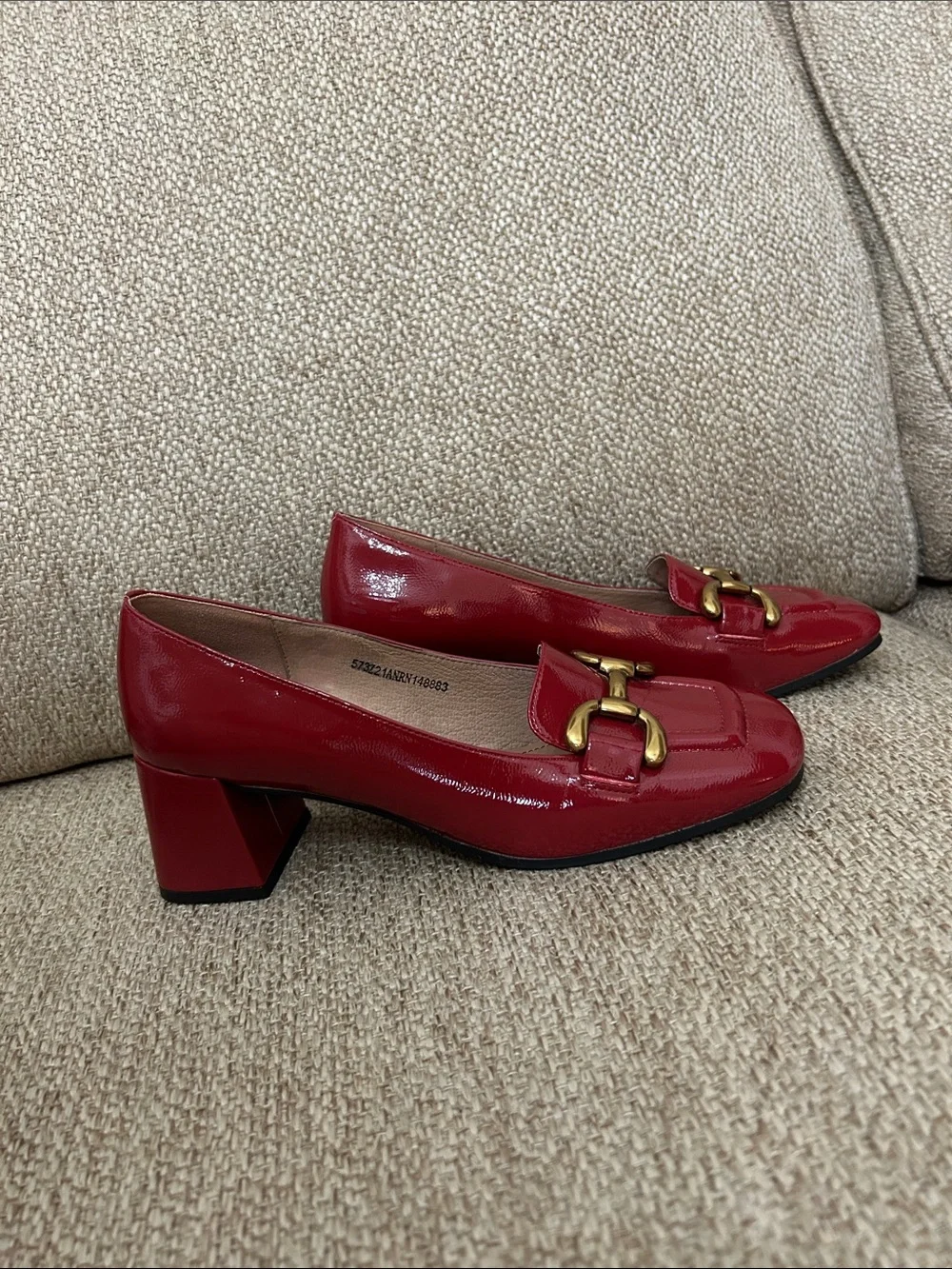 Bibi Lou Red Patent Loafers with Gold Bit Detail - Picture 2 of 3